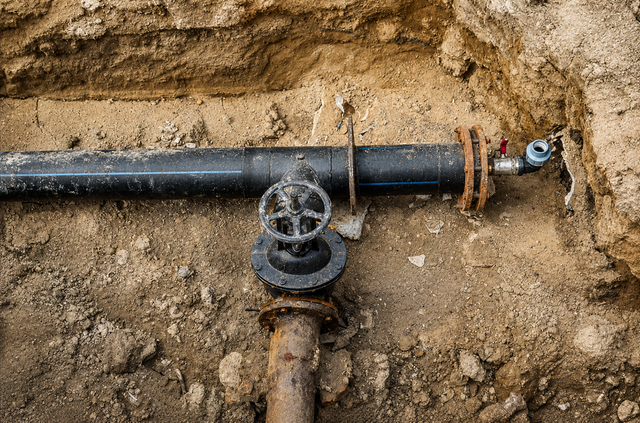 Underground pipe with a valve and fittings in a dirt trench