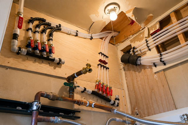 Plumbing manifold with red and blue valves and pipes inside a wooden utility room