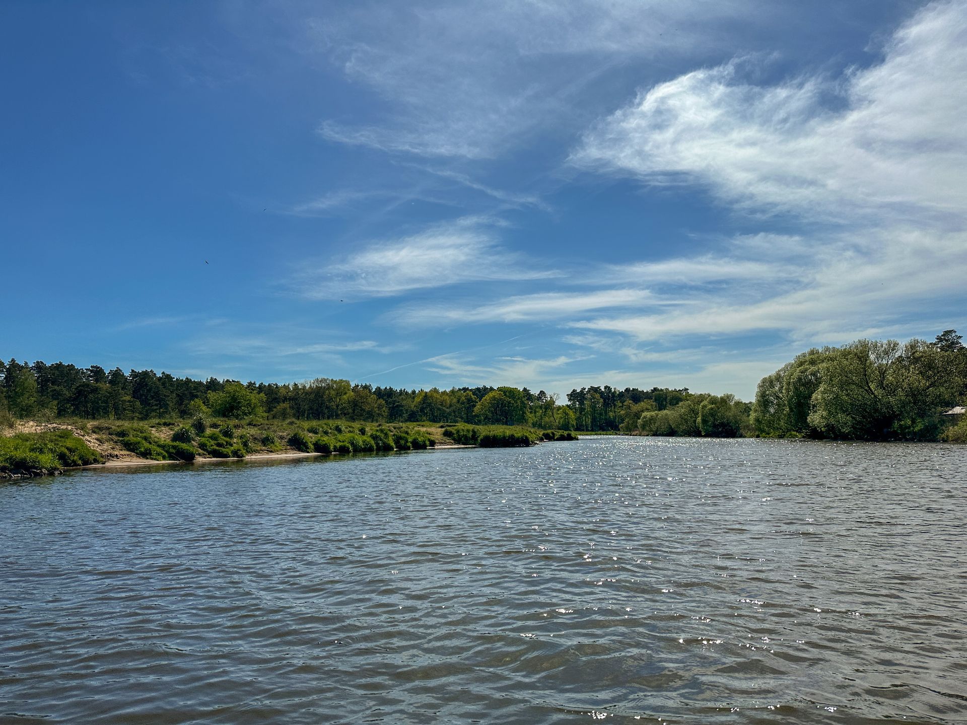 Ein breiter Fluss mit sanft gekräuseltem Wasser, grüne, baumgesäumte Ufer und ein strahlend blauer Himmel mit zarten Wolken.