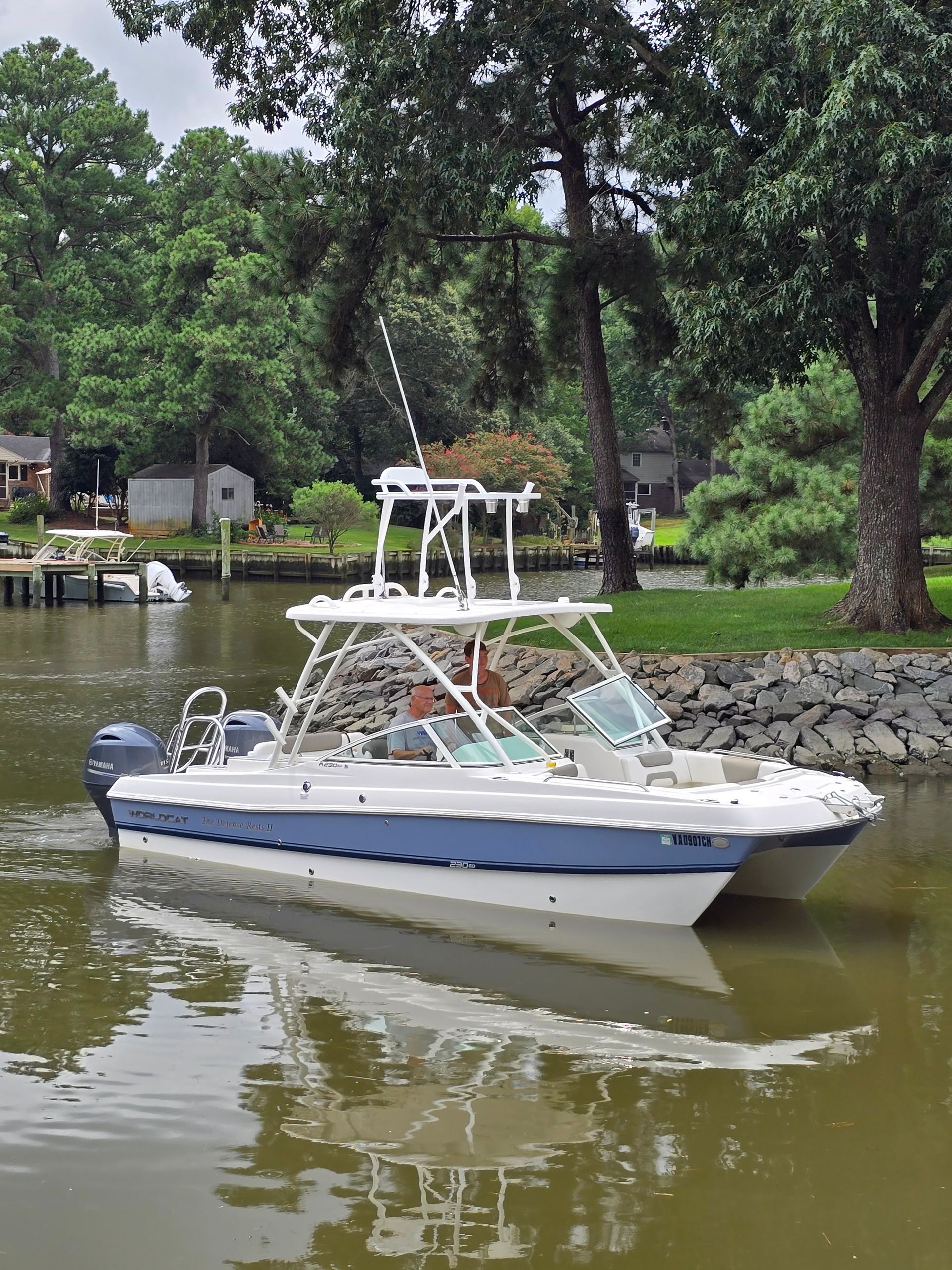 Small white and blue boat on calm water near a tree-lined shore.