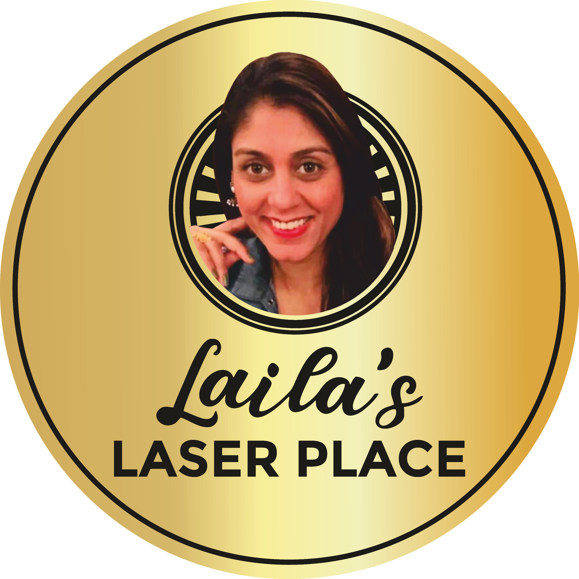 Gold logo: smiling woman in a circle above "Laila's Laser Place" text.