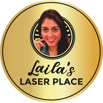 Gold logo for Laila's Laser Place: A smiling woman is within a circle, and beneath it is text.
