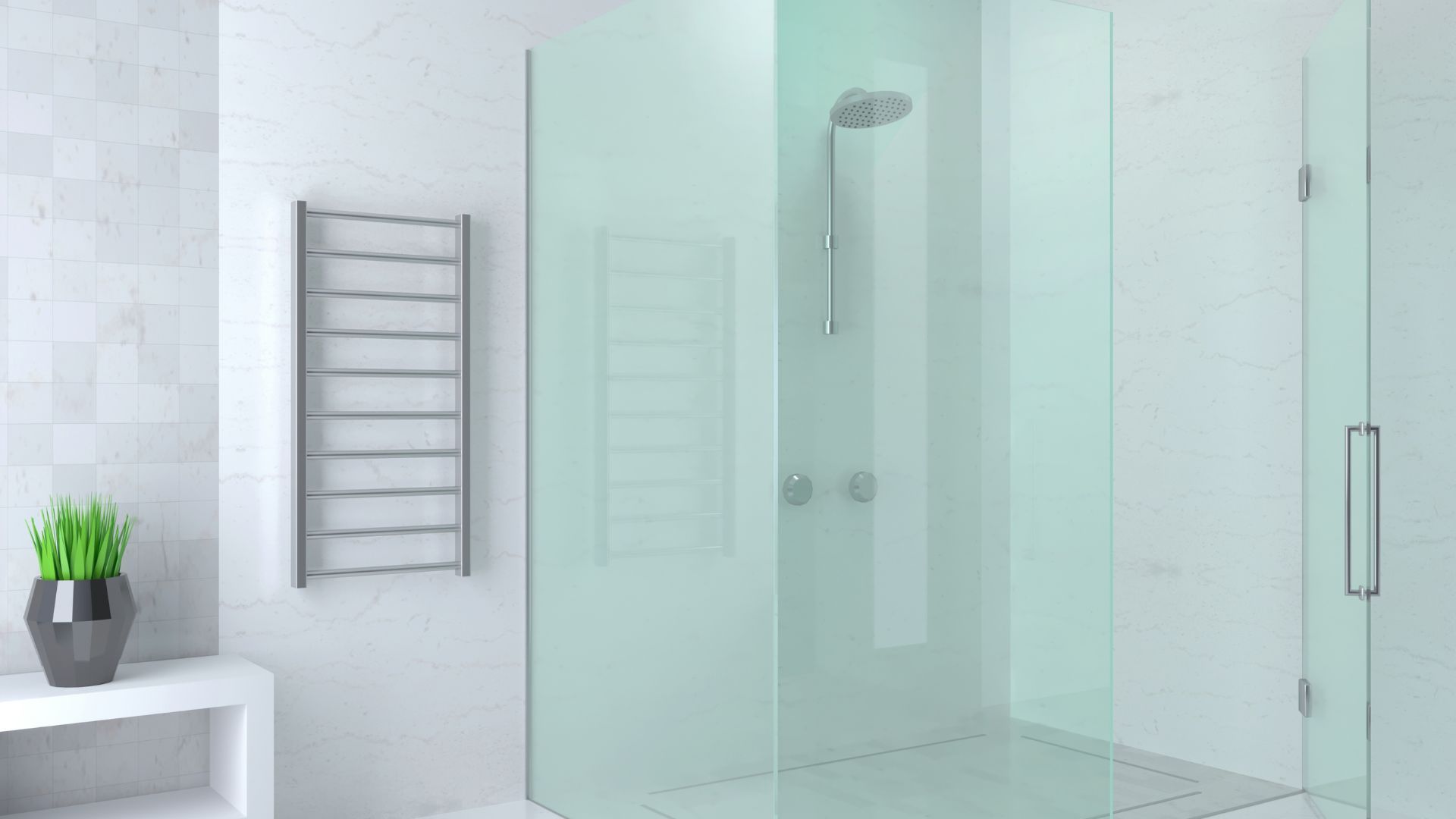 A bathroom with a walk in shower and a towel rack.