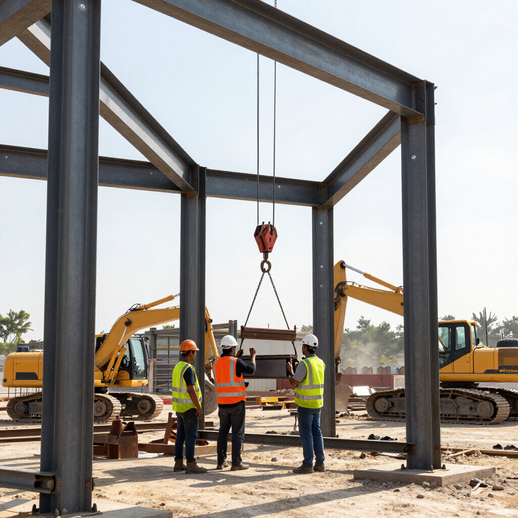 Tres obreros de la construcción, con cascos y chalecos de seguridad, se encuentran bajo una estructura de acero