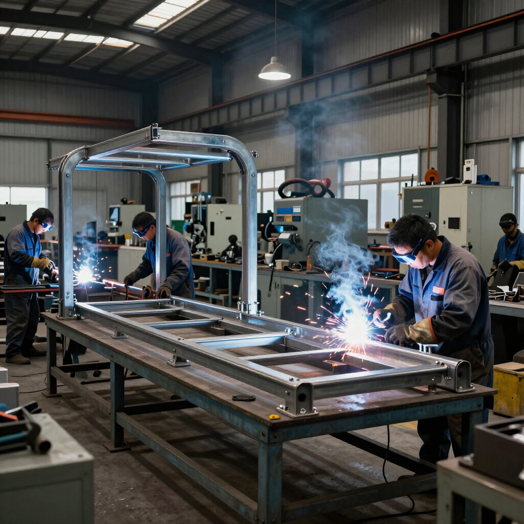 Tres soldadores trabajan en un gran bastidor metálico en un taller industrial bien iluminado