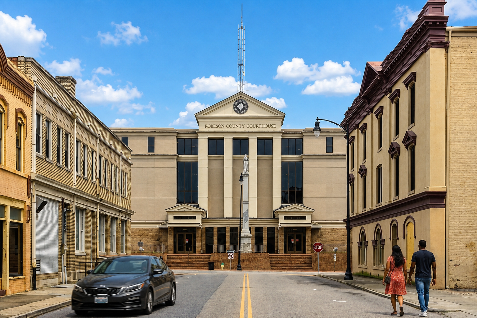 Courtyard with a classical building, parked car, and two people walking under a blue sky