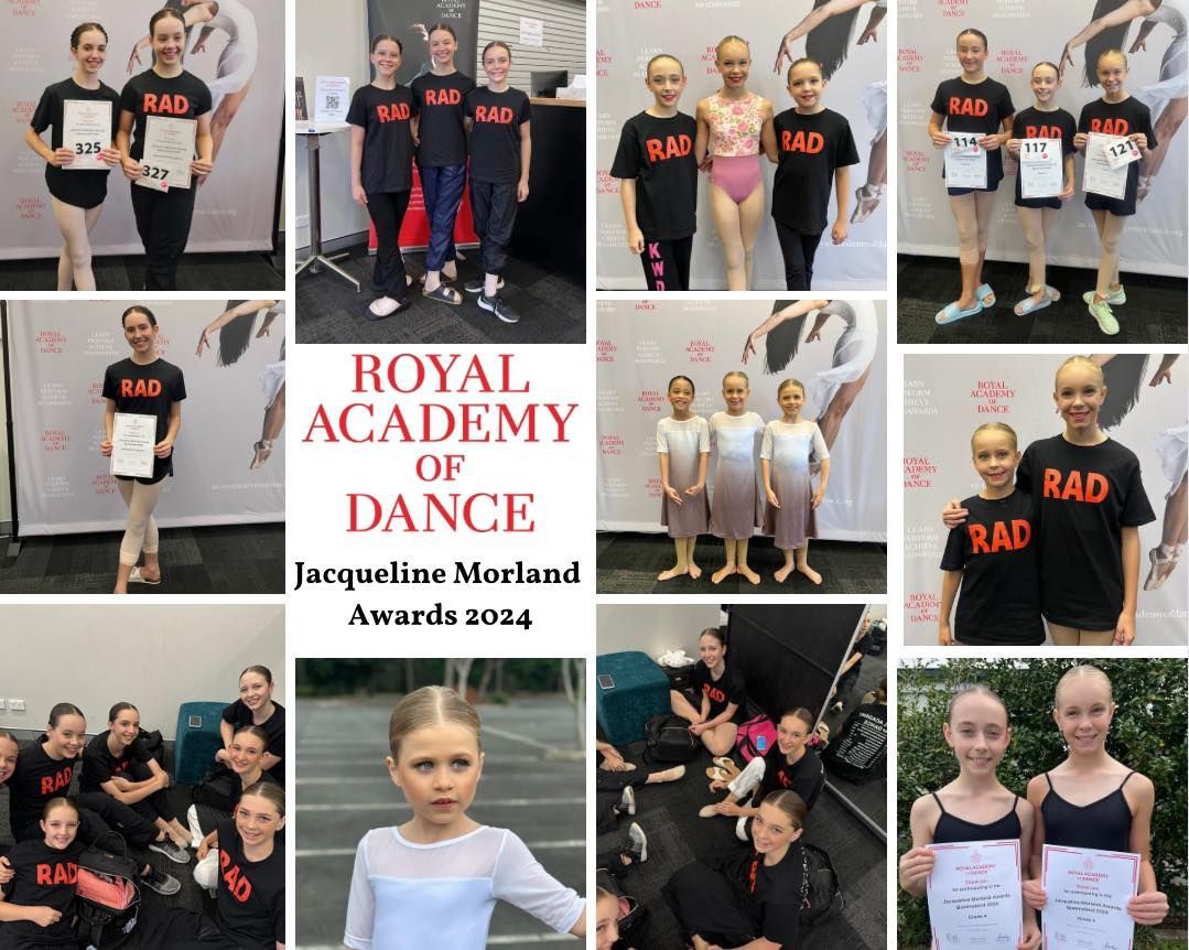 Royal Academy of Dance awards collage: Dancers in black shirts, holding certificates, posing for photos.