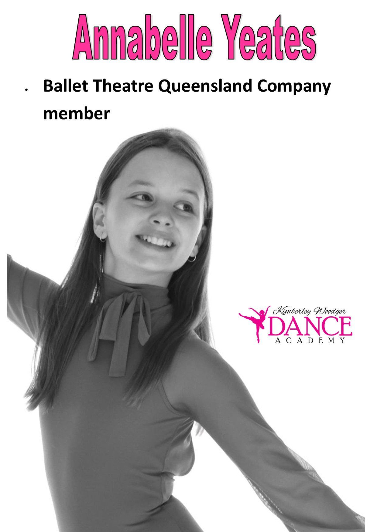 Annabelle Yeates, ballet dancer, smiling. Text includes Ballet Theatre Queensland Company member and a dance studio logo.