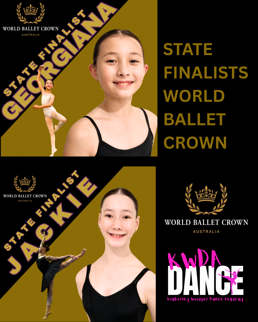 Ballet competition promo with dancer portrait, gold-black design, and text: State Finalist, World Ballet Crown, KWD Dance