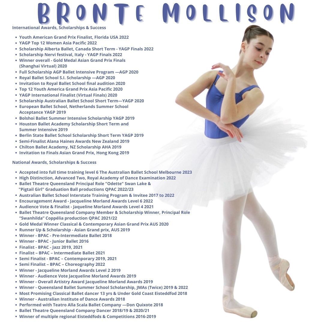A young ballerina in a blue leotard and tutu, with a list of accomplishments.