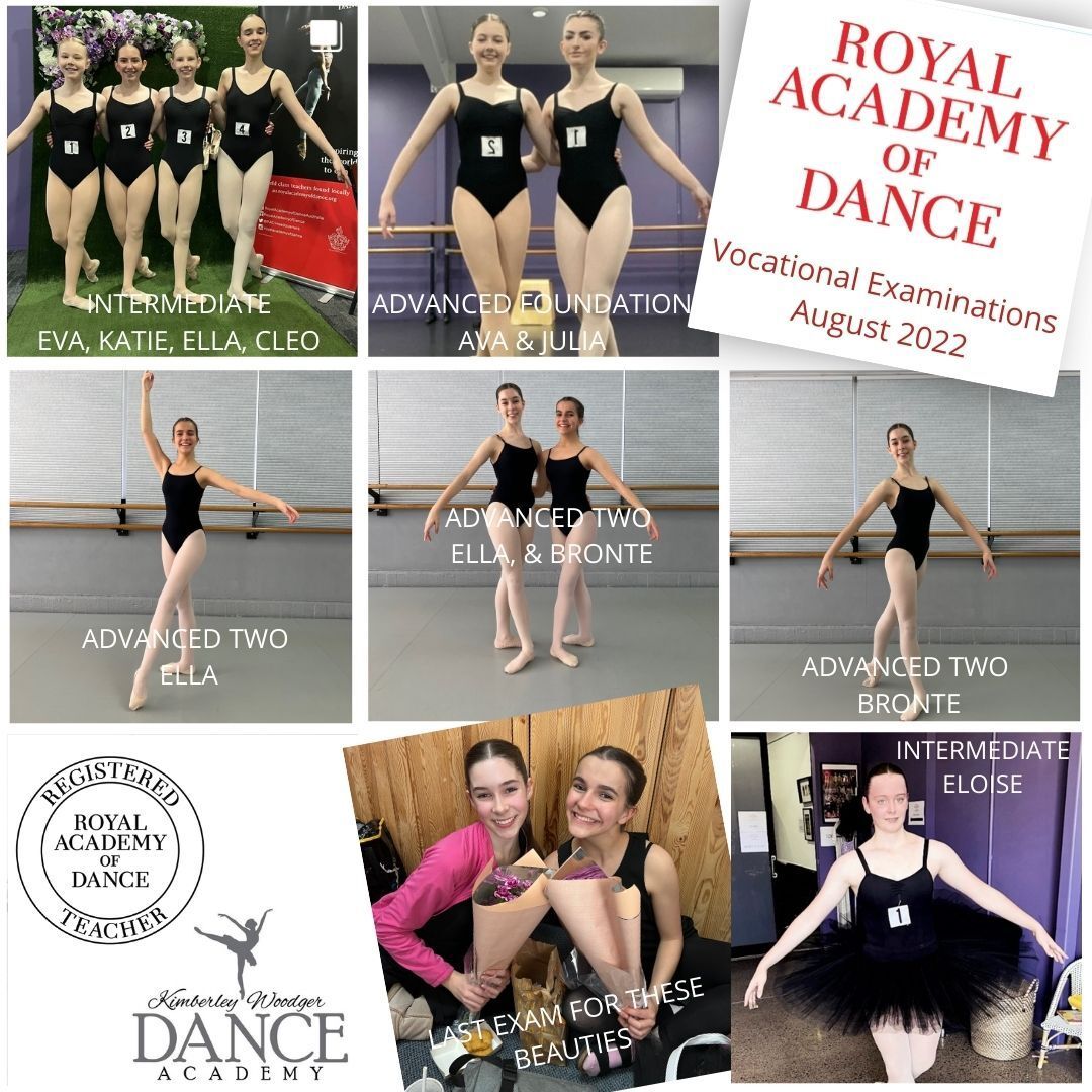 Collage of ballet dancers. Includes photos of poses, exam results, and certificates from Royal Academy of Dance.