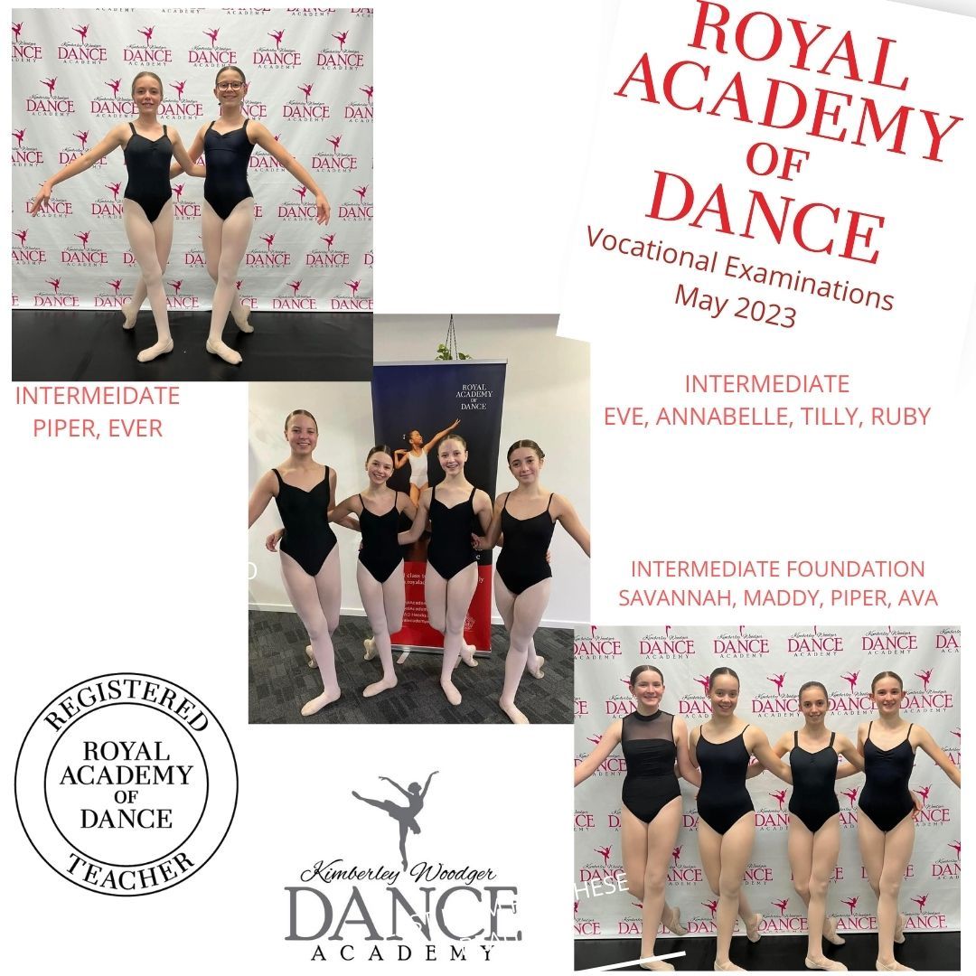 Dance academy students in black leotards pose for a Royal Academy of Dance vocational exam.
