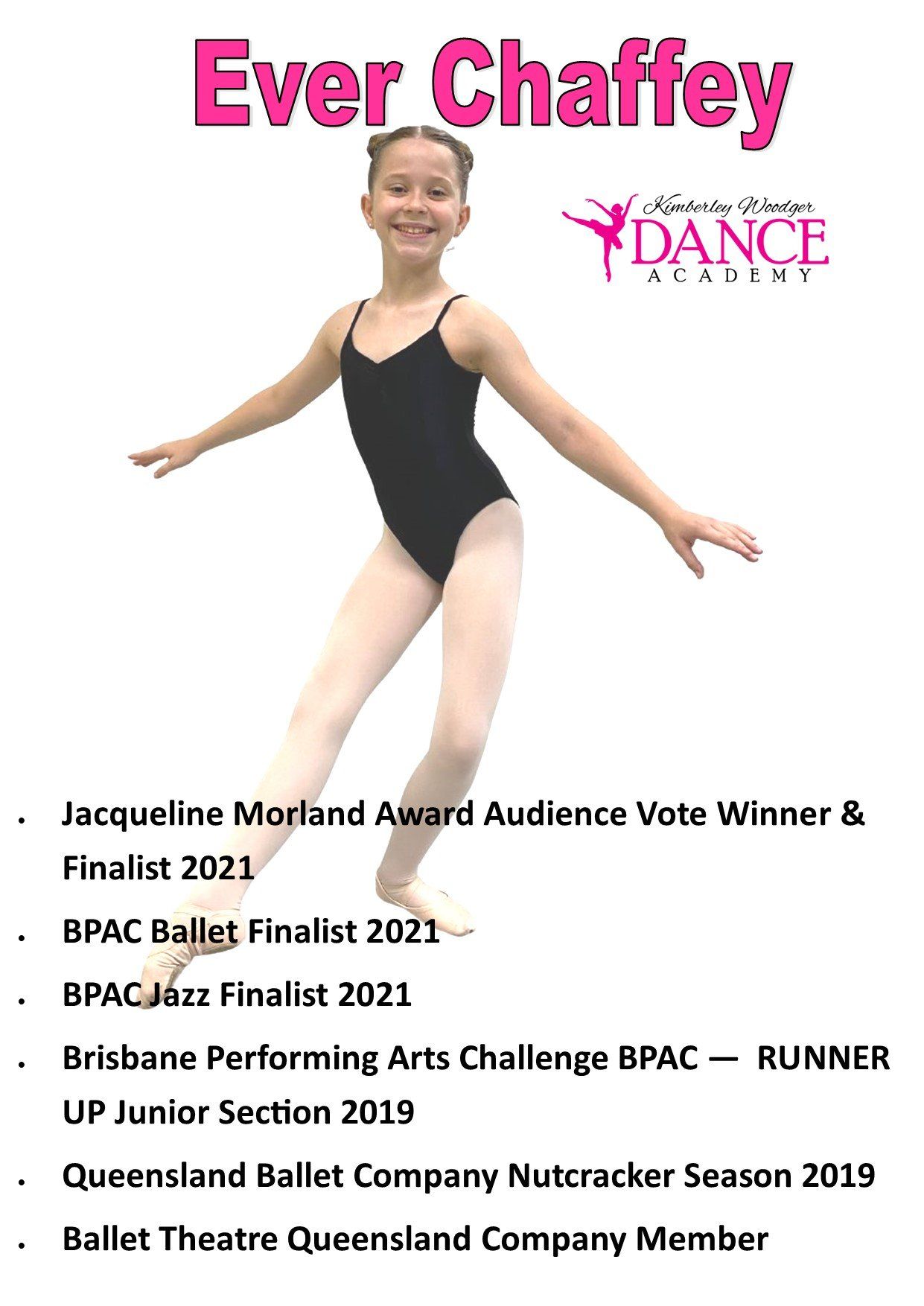 Young dancer, Ever Chaffey, in ballet attire with award listings.