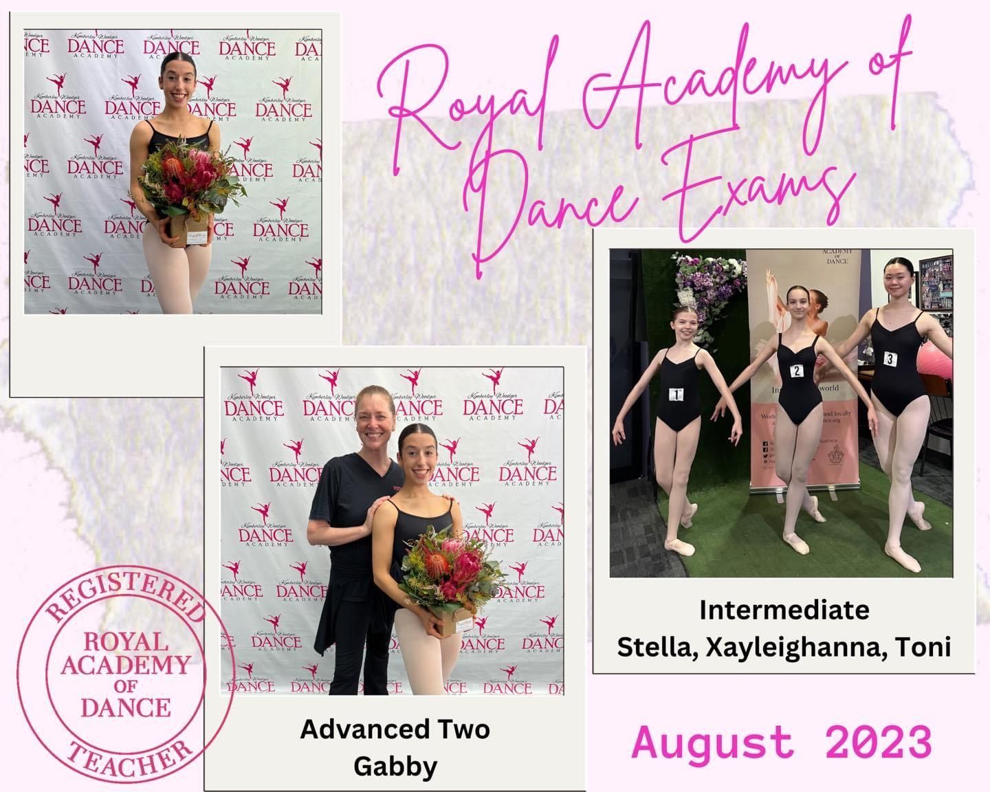 Ballet exam photos: Gabby (Advanced Two), Stella, Kayleighanna, Toni (Intermediate) with teacher. August 2023.