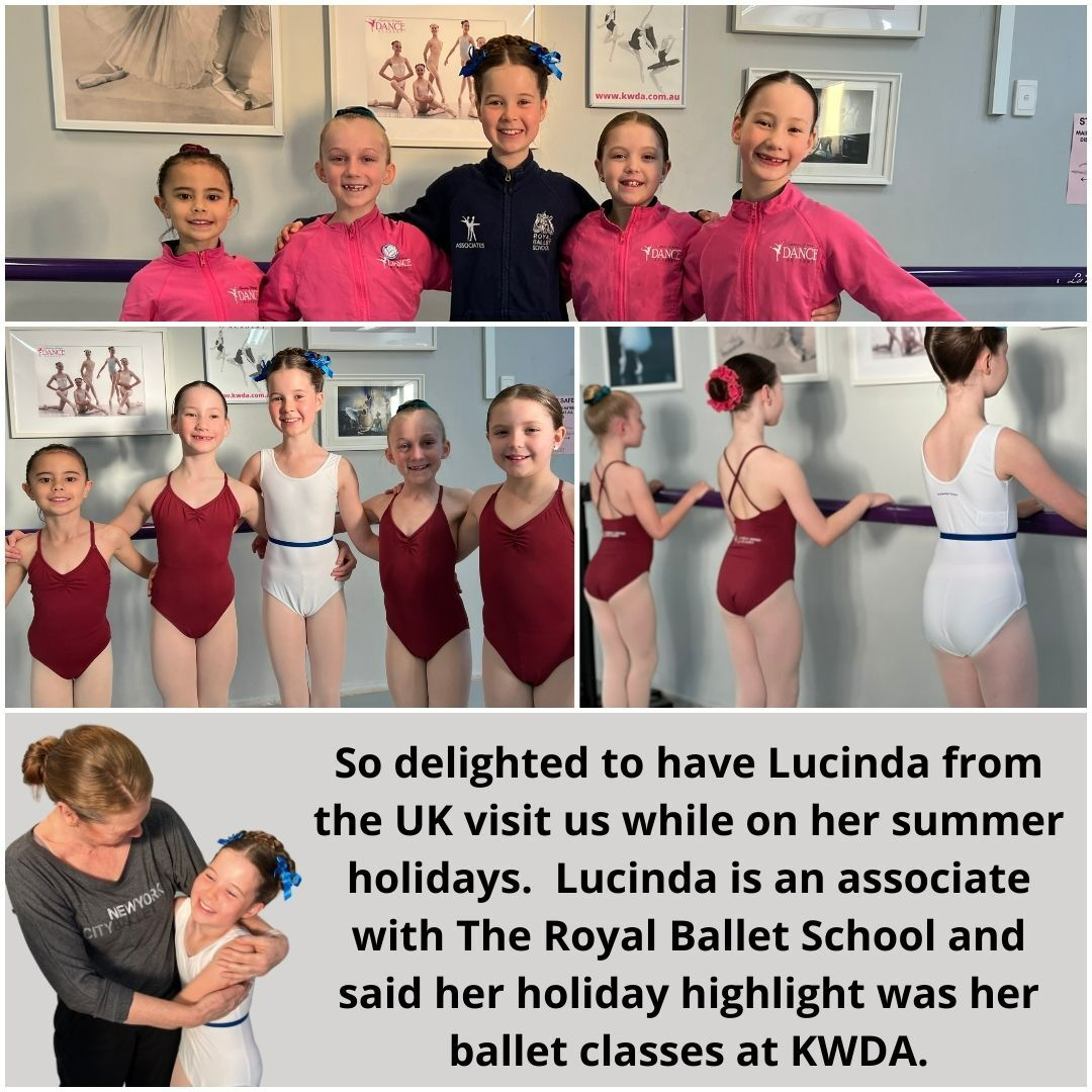 Ballet students in various poses and attire, including one with an instructor, at the KWDA studio.