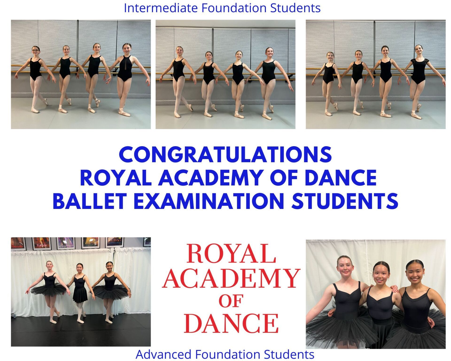 Students in ballet attire, congratulatory message for Royal Academy of Dance exams.