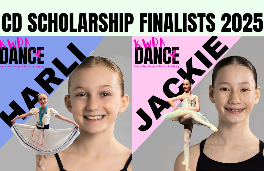Two girls featured for CD Scholarship Finalists 2025. Each has a ballet-themed portrait.