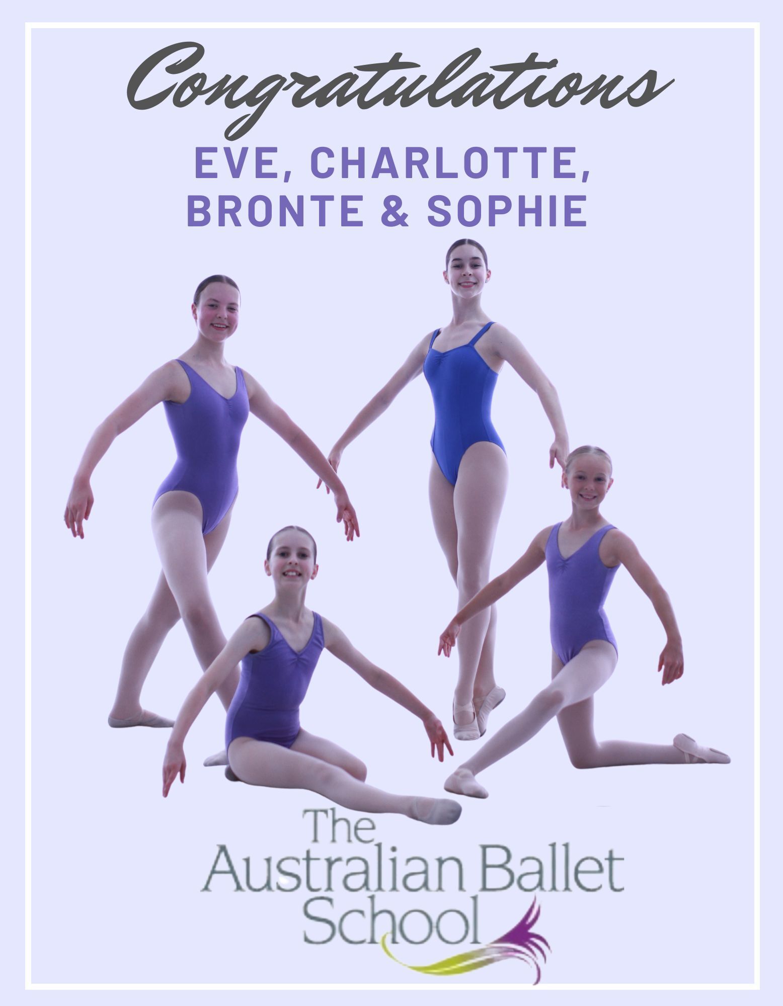Four ballet dancers in purple leotards, posing gracefully, text reads