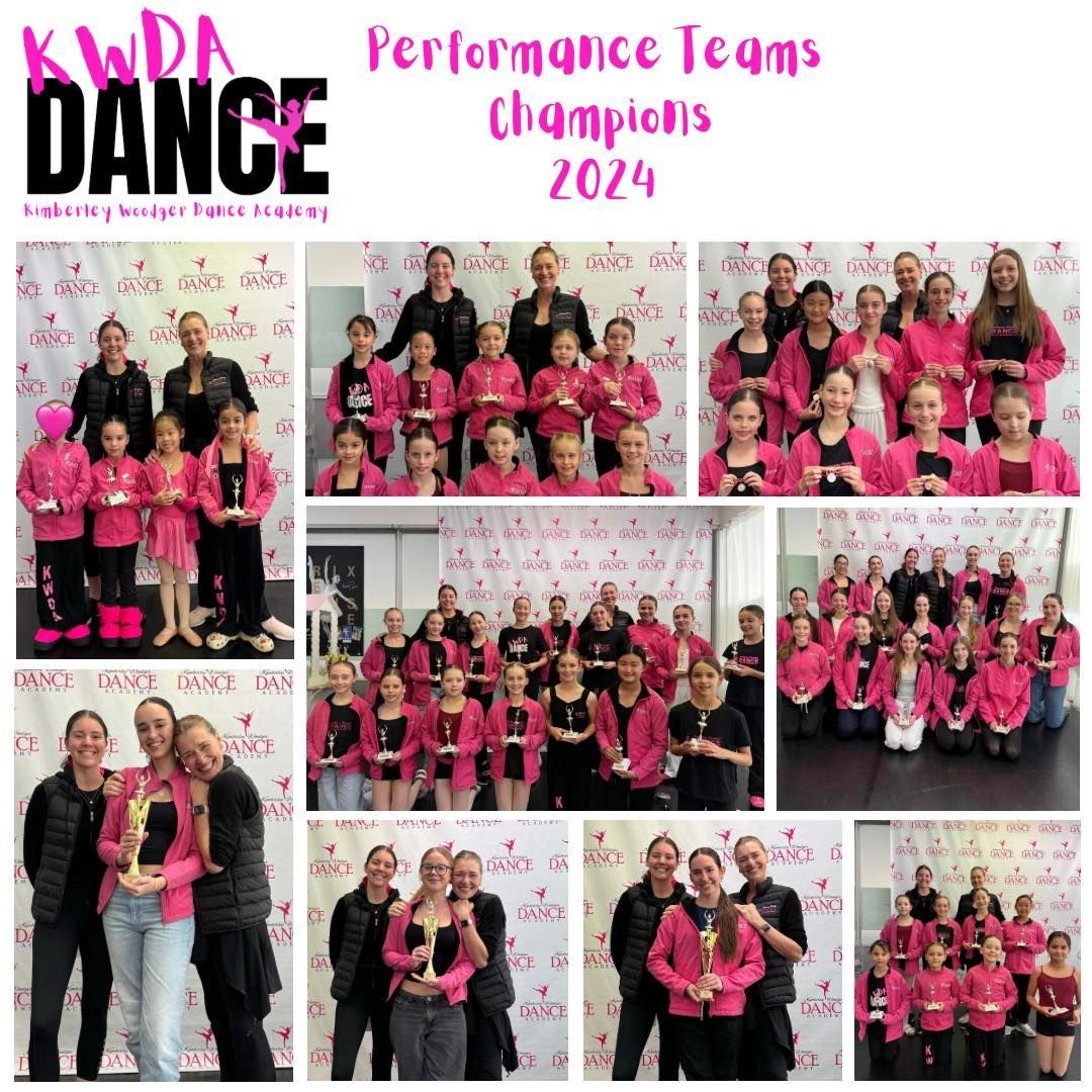 KWDA Dance team champions 2024 posing with trophies. Dancers wear pink jackets, diverse settings, celebrating victory.