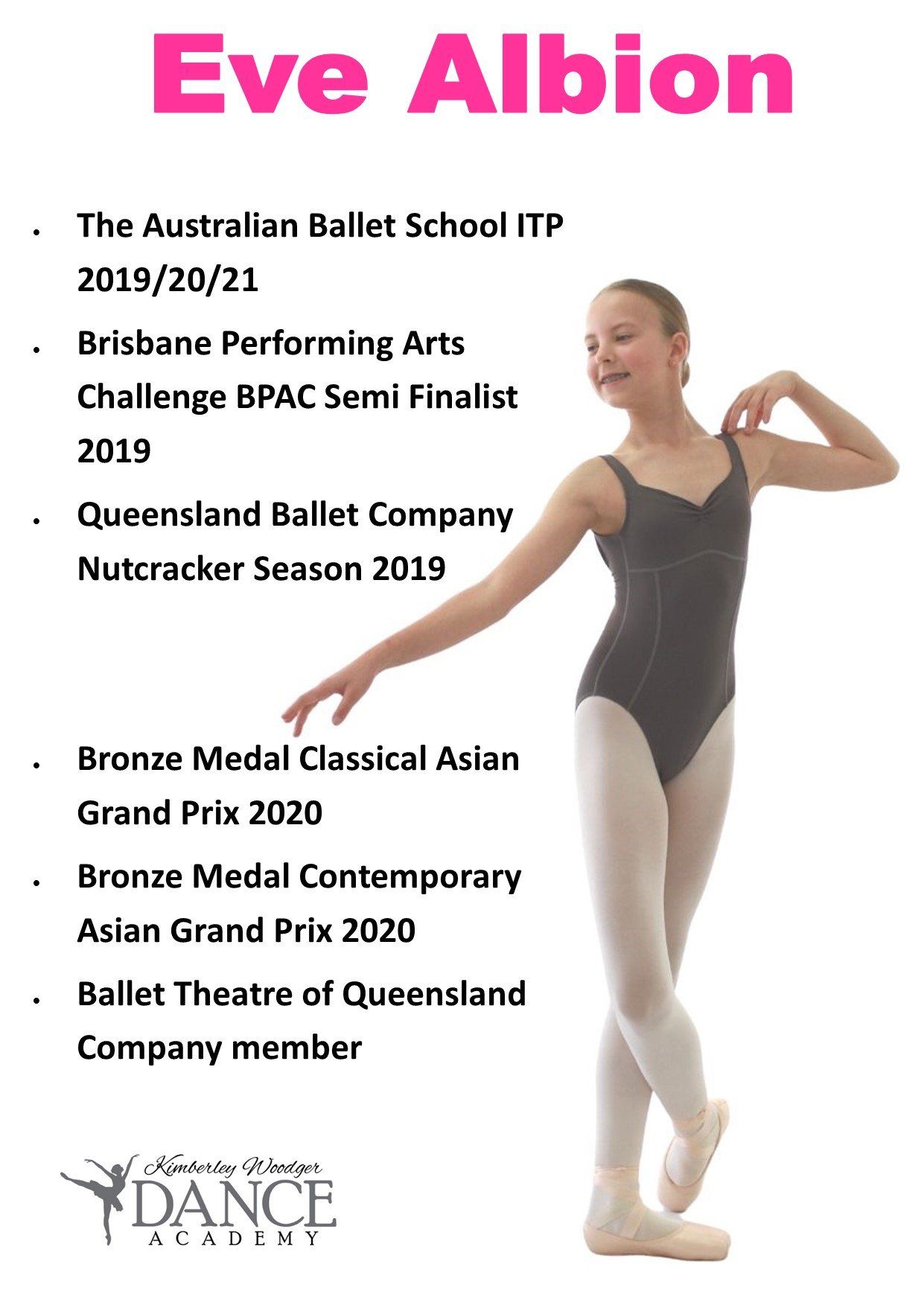 A young ballet dancer, Eve Albion, with a list of her achievements.