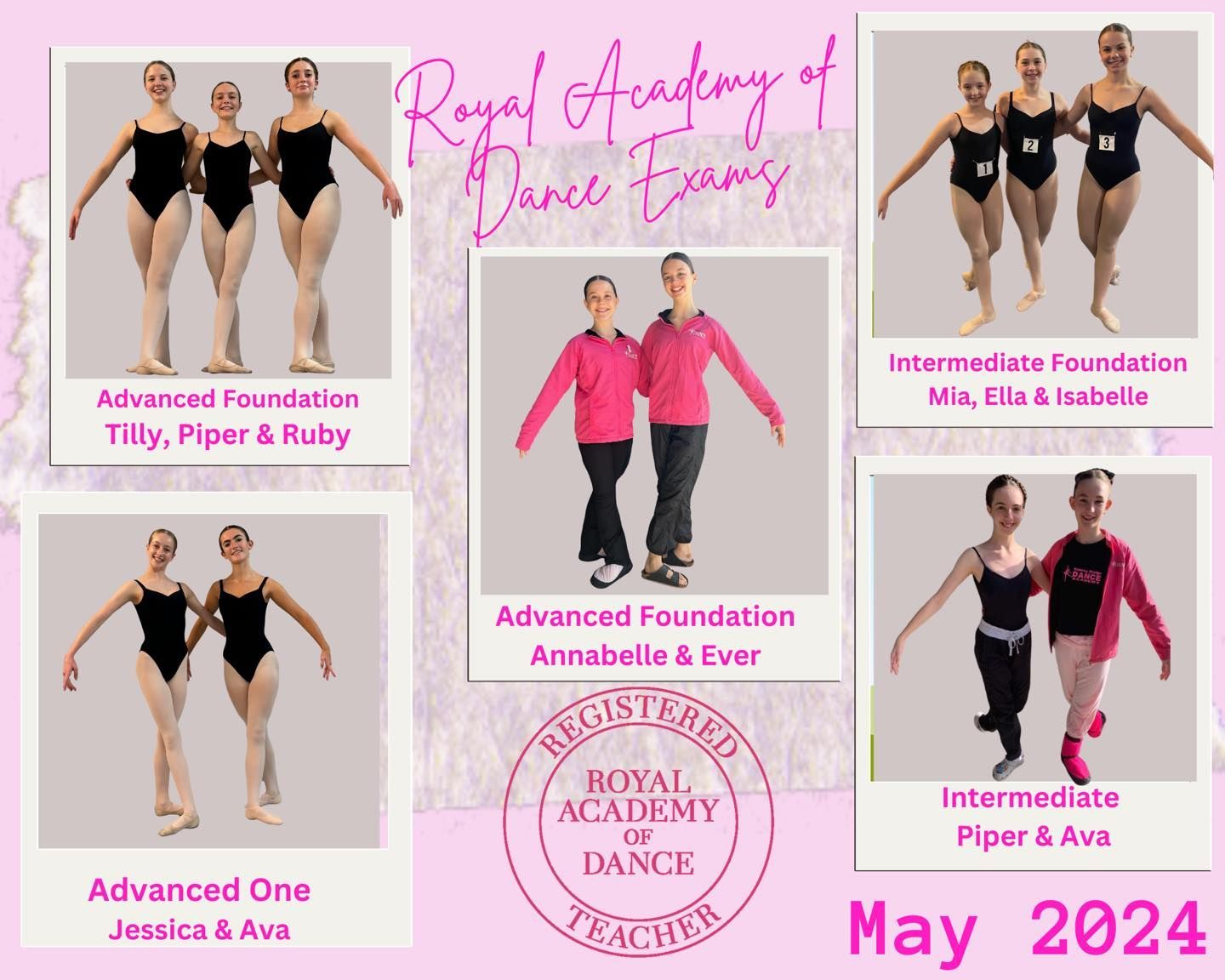Ballet students' portraits: RAD exams, May 2024. Students in leotards or pink tops.