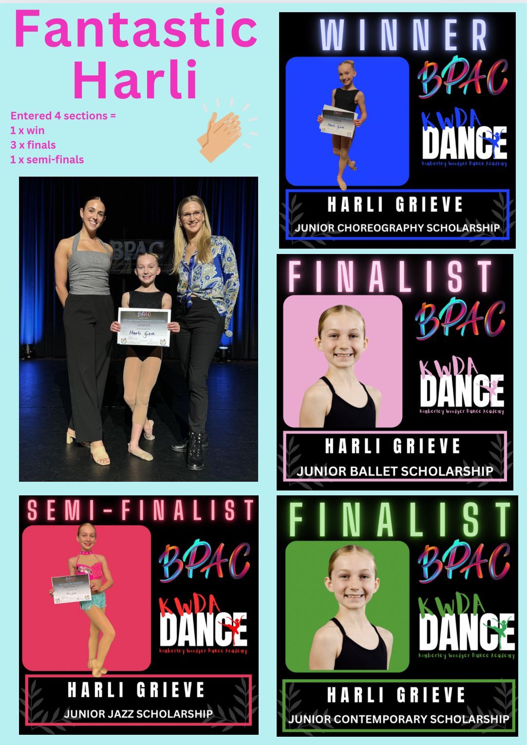 Poster: Harli's dance awards. Photos of Harli and a group, plus four award graphics with her name and