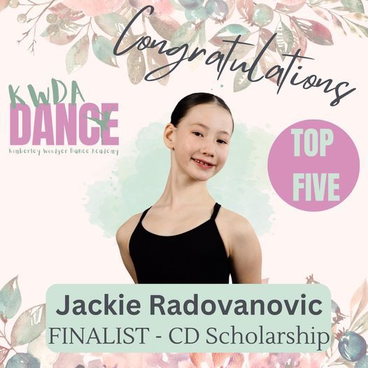 Congratulations graphic for Jackie Radovanovic, finalist for the CD Scholarship. Young dancer in black leotard, pink circle