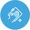 A hand is holding a piece of paper in a blue circle.