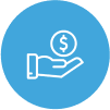 A hand holding a dollar sign in a blue circle.