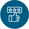A hand is giving a thumbs up with three stars in a speech bubble.