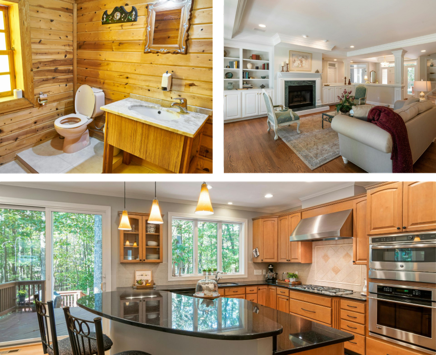 A collage of four pictures of a living room and dining room