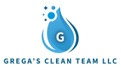 The logo for grega 's clean team llc shows a drop of water with the letter g on it.