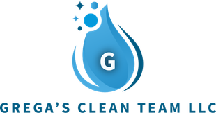 The logo for grega 's clean team llc shows a drop of water with the letter g on it.