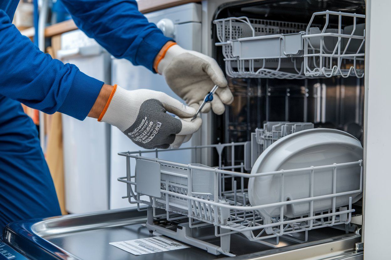Person loading a dishwasher with dishes and plates, wearing gloves in a kitchen sink area