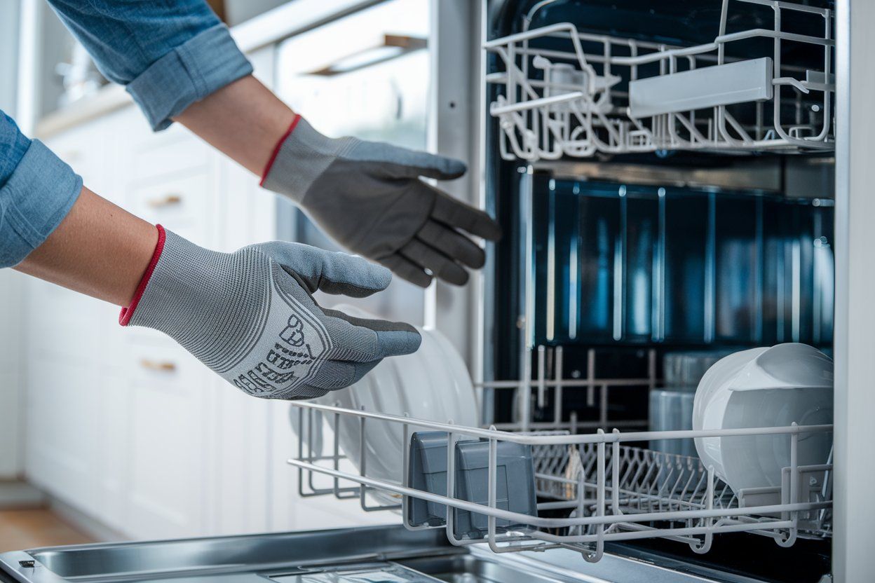Gloved hands loading a dishwasher with plates and utensils in a kitchen