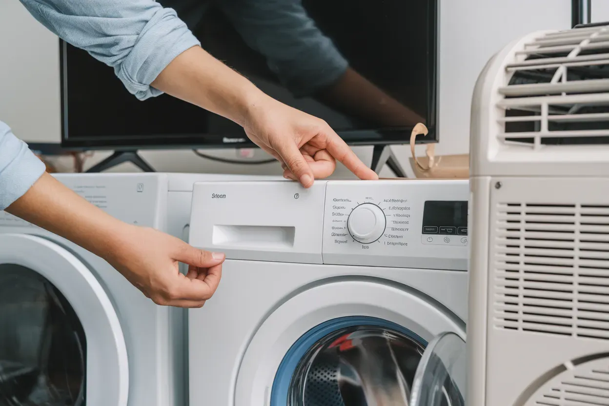 Hands loading a front-load washing machine beside a dryer and air conditioner in a laundry area
