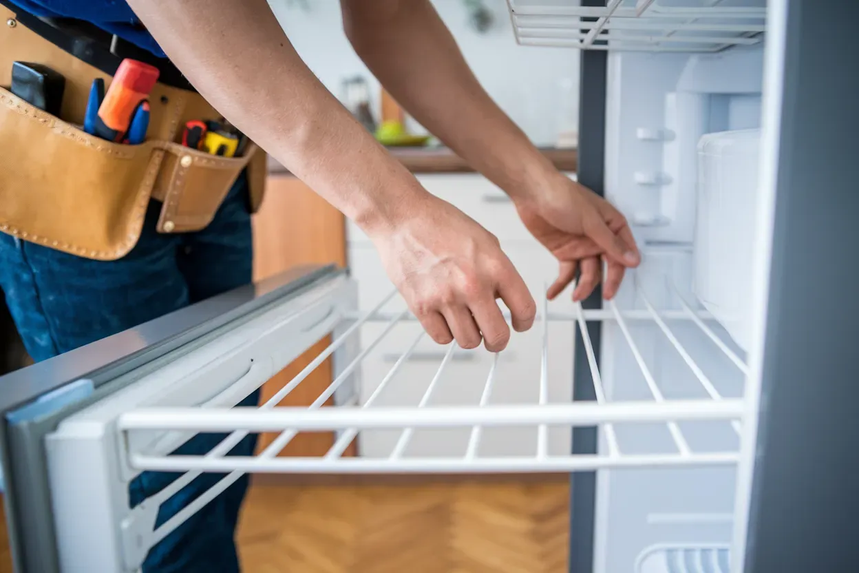 A person installing a white wire drawer in a kitchen cabinet drawer slide