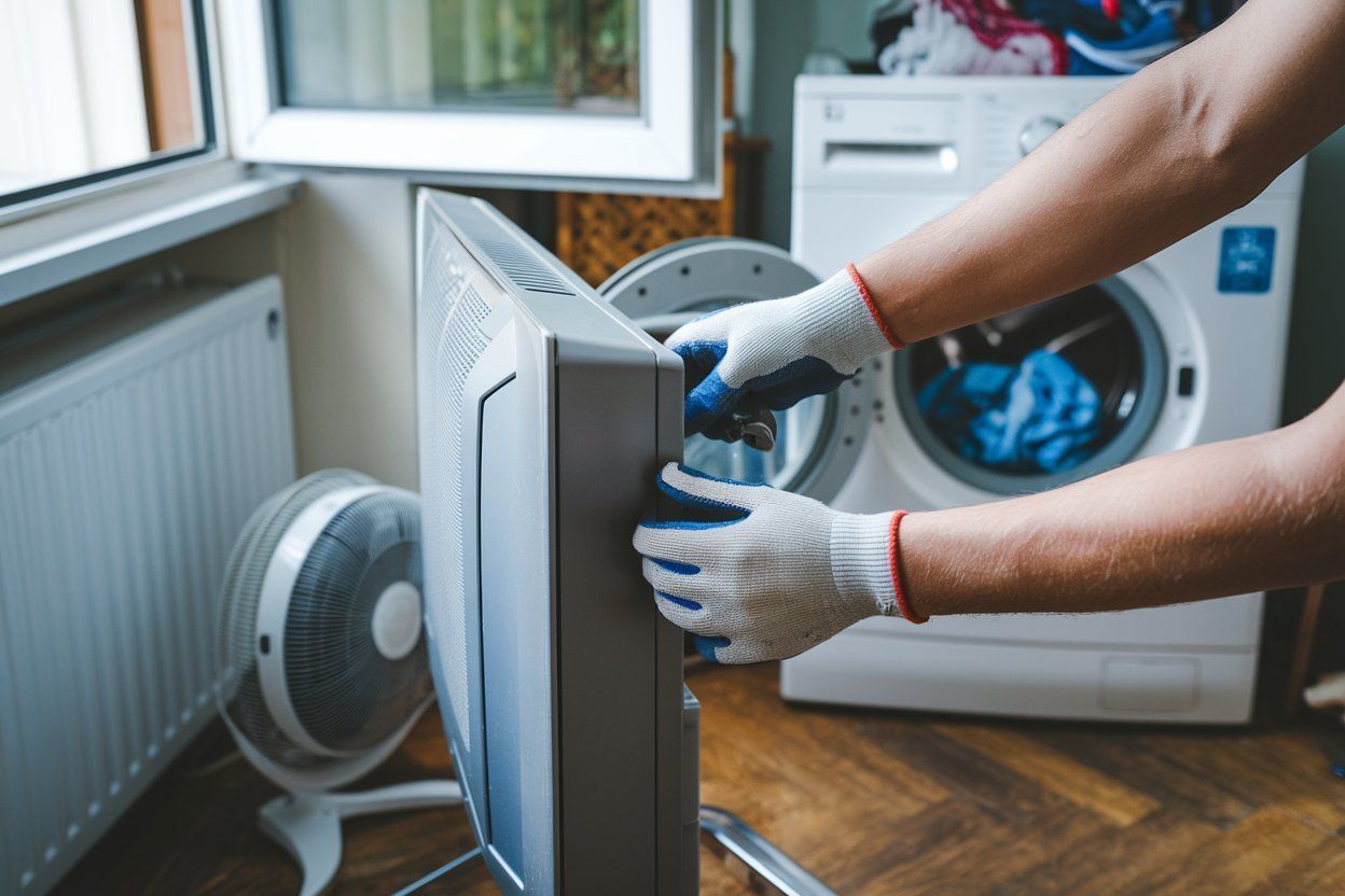 Person installing a flat-screen TV in a room beside a fan and washing machine