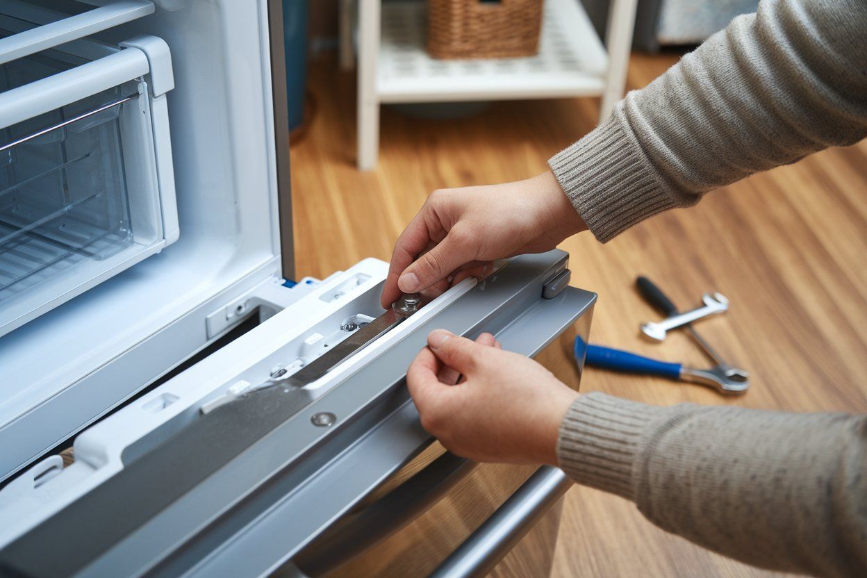 Hands adjusting the bottom seal of an open dishwasher with tools on the floor