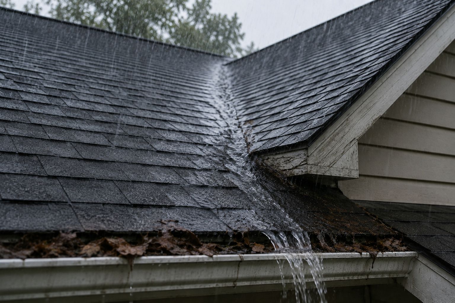 Water pouring off a dark shingled roof, causing damage to the gutter and fascia.