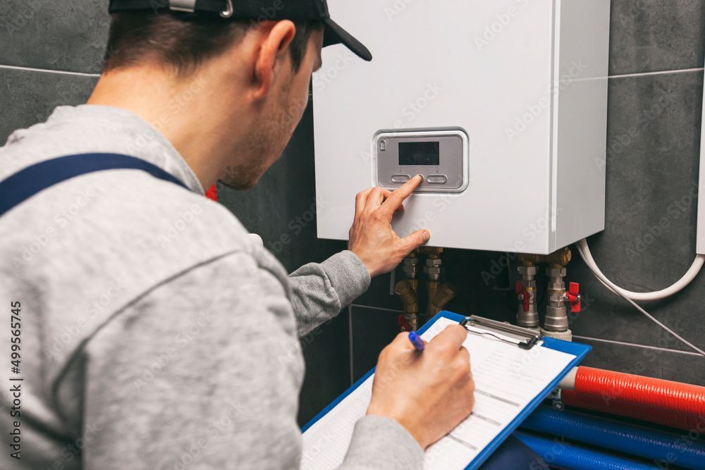 Technician adjusting a wall-mounted heating unit, taking notes on a clipboard, indoors.