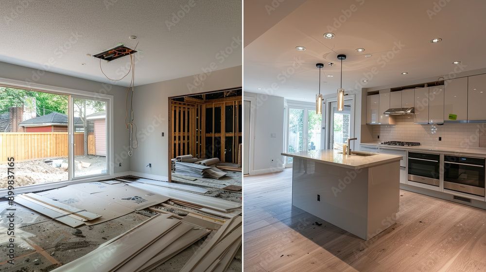 Before and after photos: a kitchen renovation. One messy and unfinished, the other clean and modern.