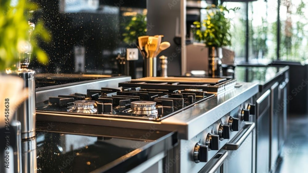 Stainless steel gas stove in a modern kitchen, with cooking utensils and green plants visible in the background.