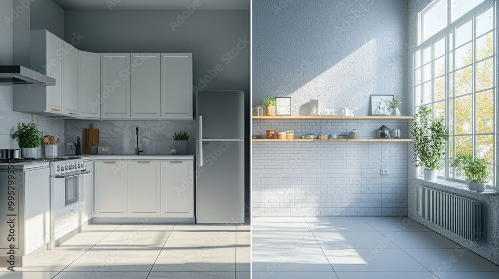 Kitchen with white cabinets and appliances on left, sunny window and shelves on right.