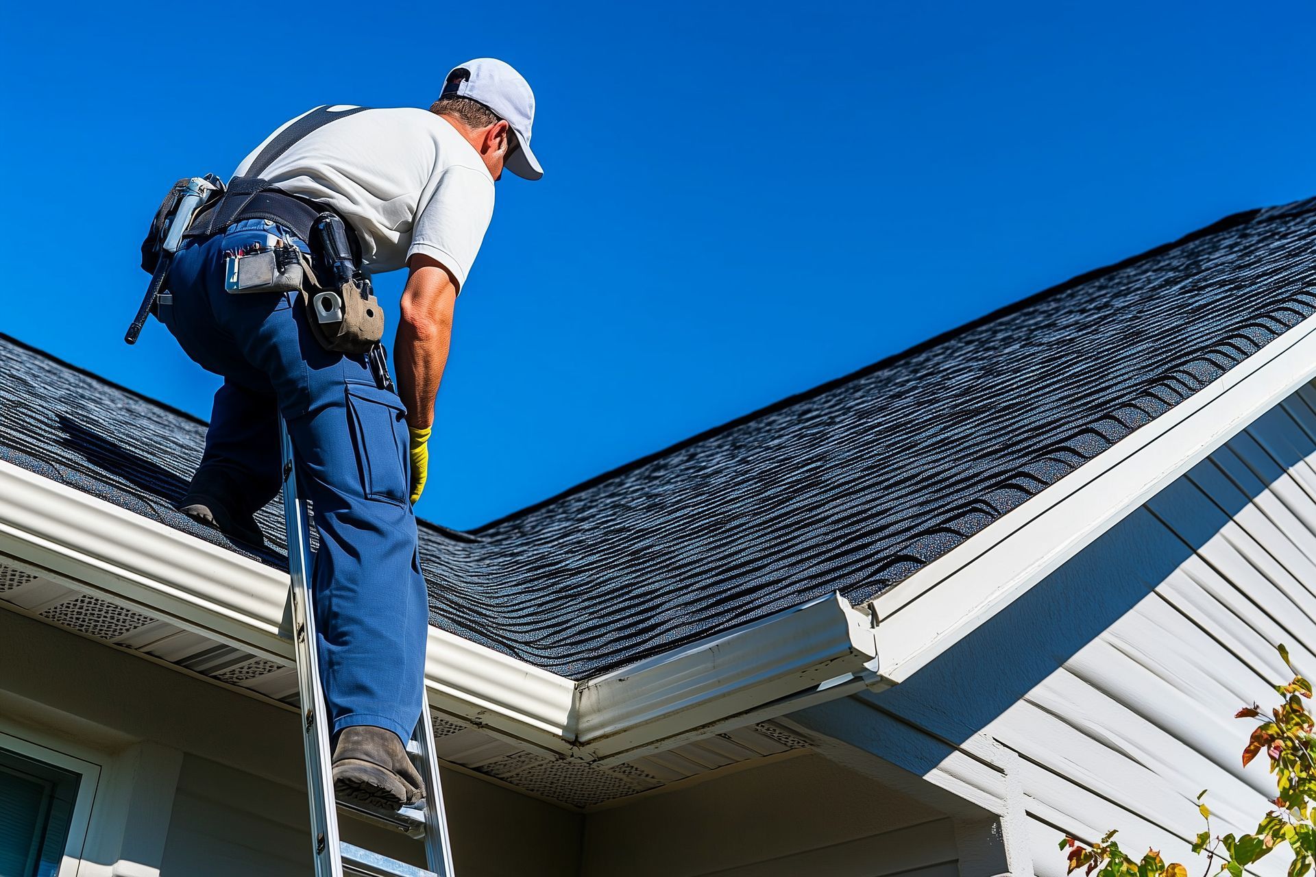 Roofer on ladder inspecting a dark shingled roof with white trim against a bright blue sky.