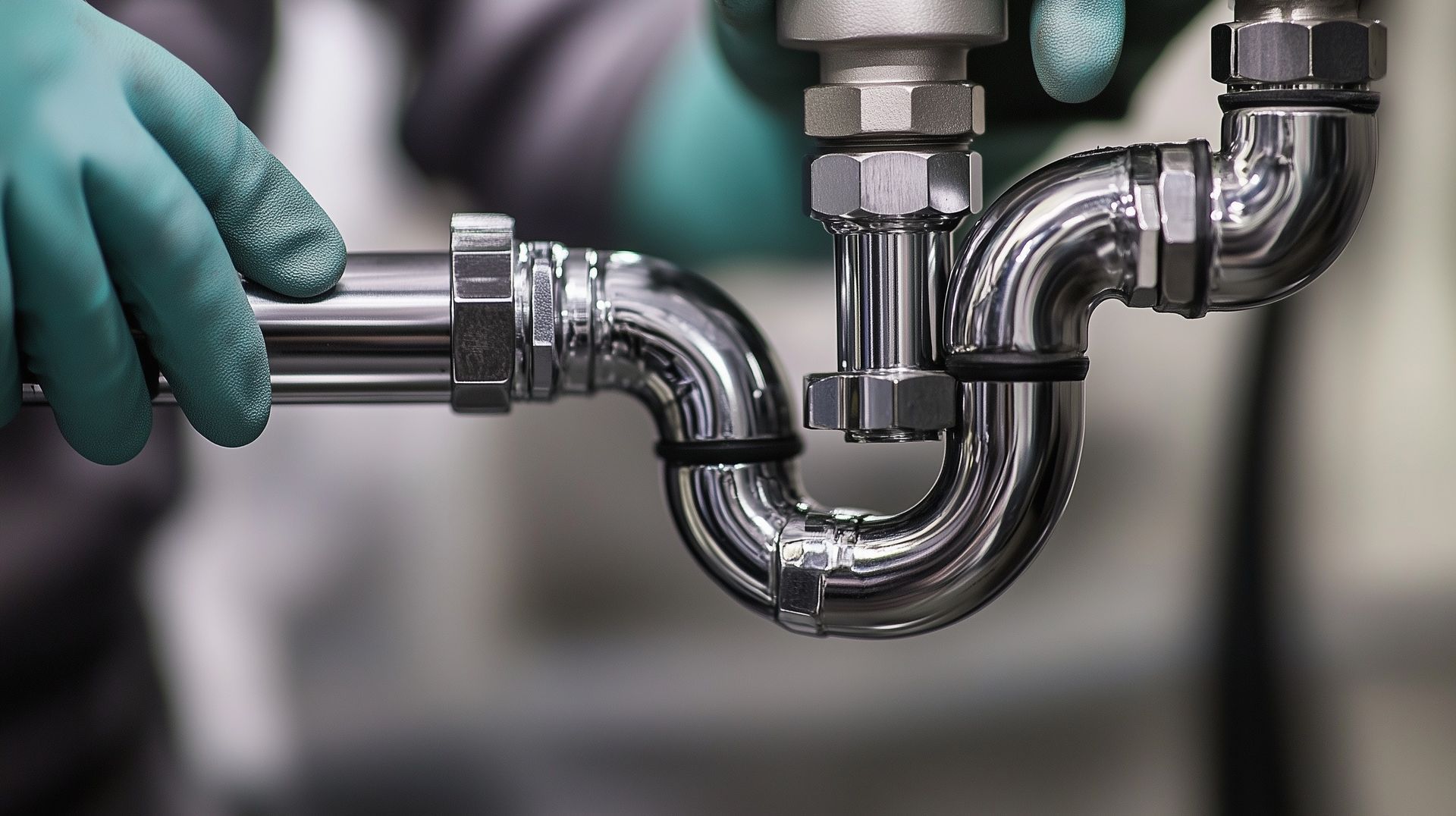 Hands in green gloves connecting chrome plumbing pipes.