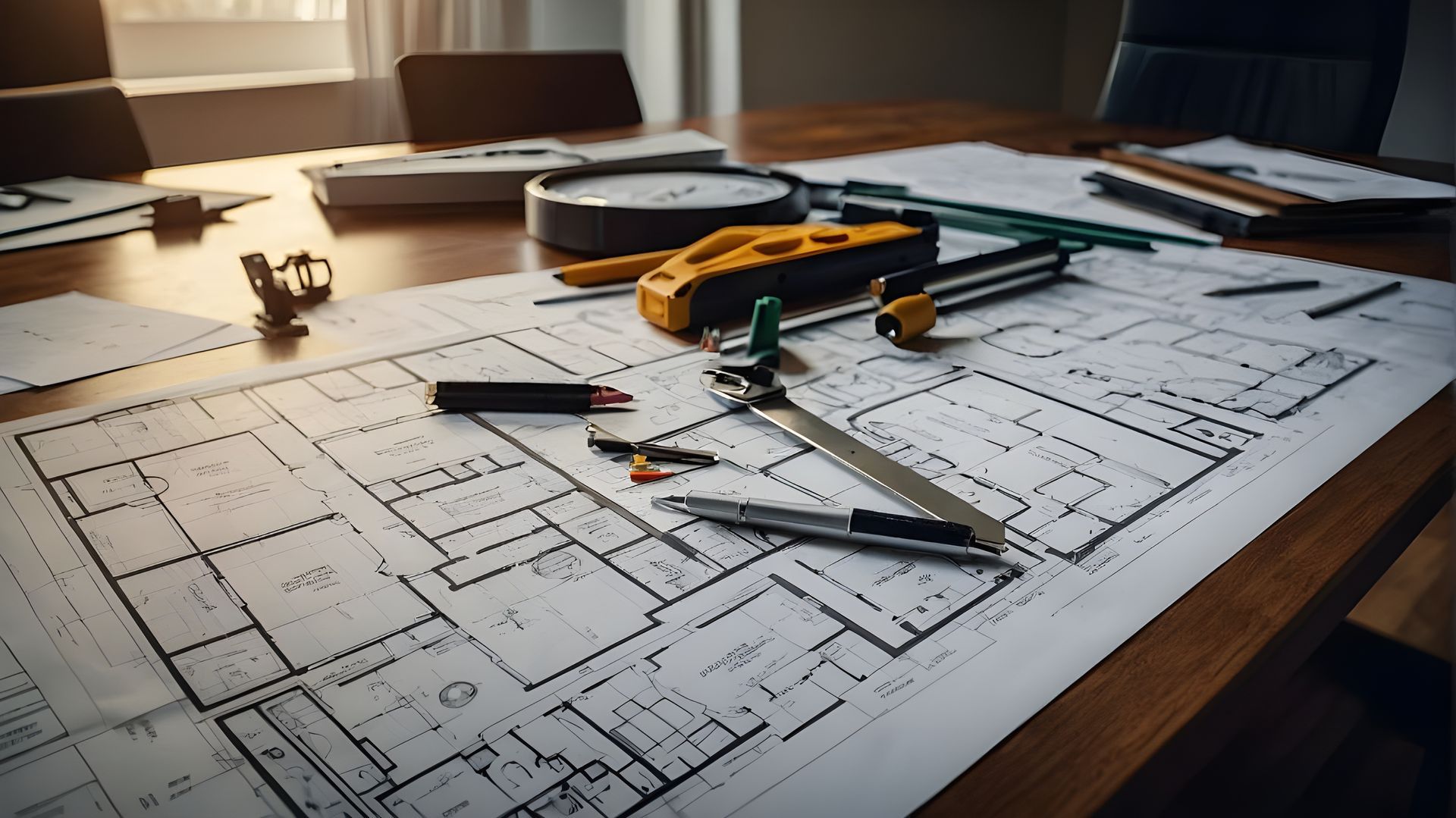 Architectural blueprints with tools on a wooden table in an office setting.