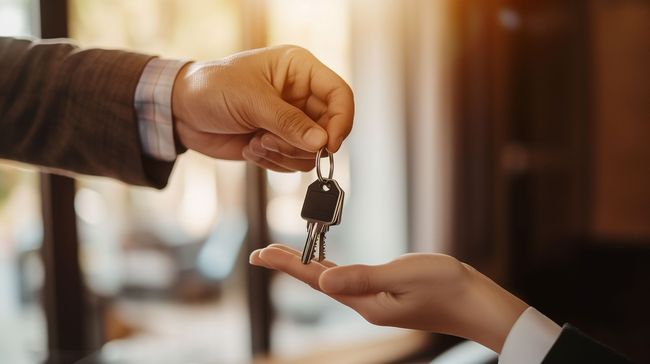 Person's hand giving keys to another person's hand, inside, possibly real estate transaction.