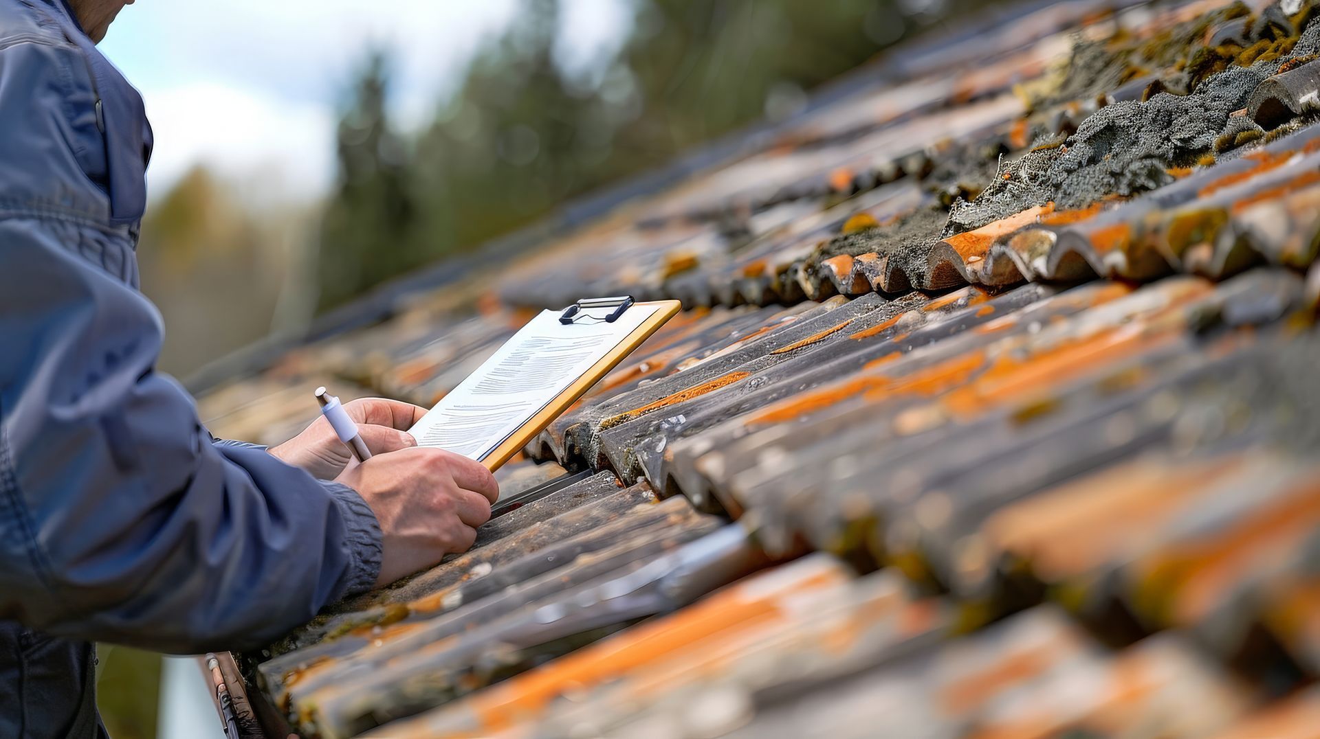 Person inspecting a weathered roof, writing on a clipboard. The roof tiles are covered in orange and green growth.
