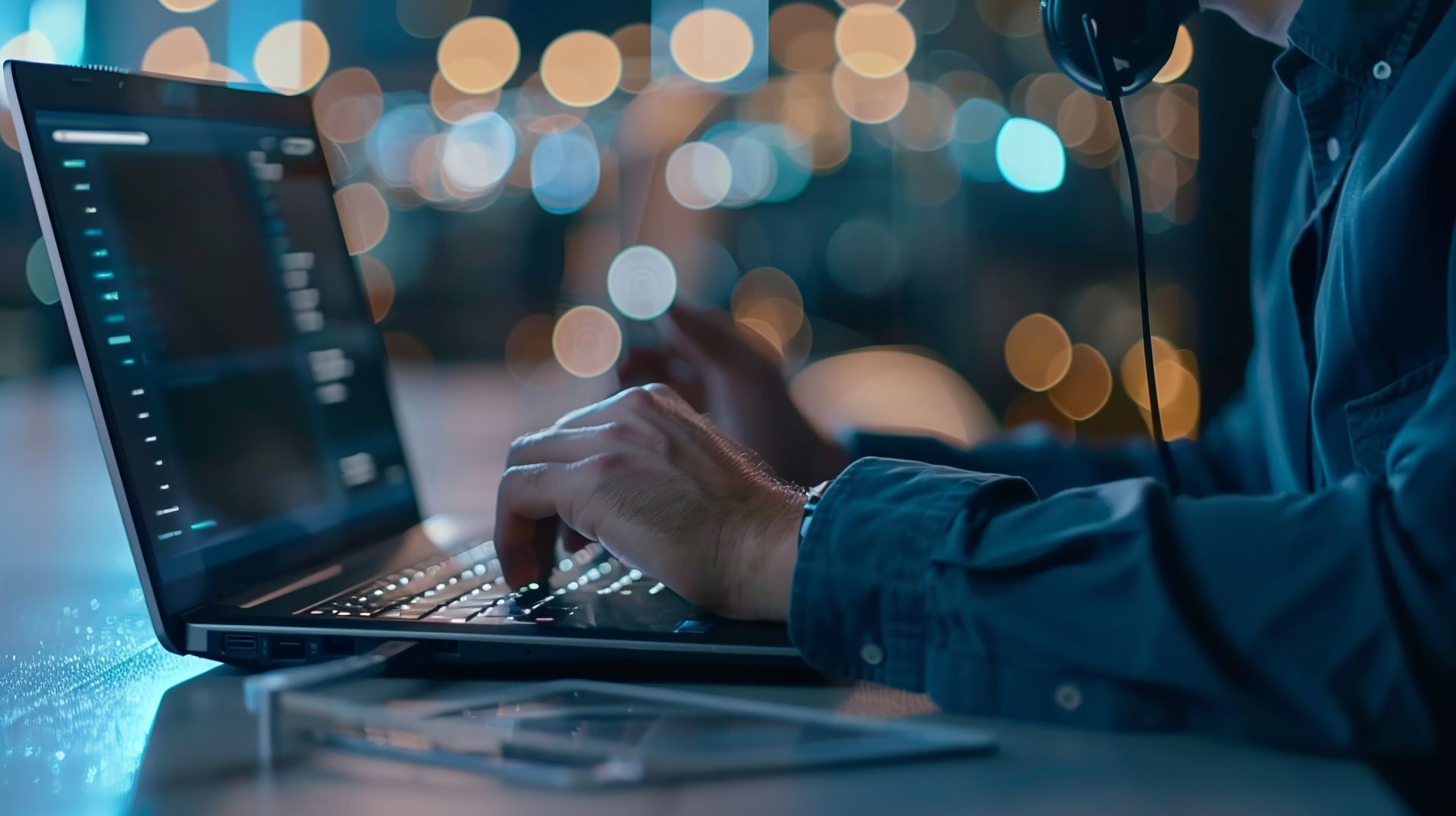 Person typing on a laptop with headphones, working in a dimly lit space with bokeh lights.